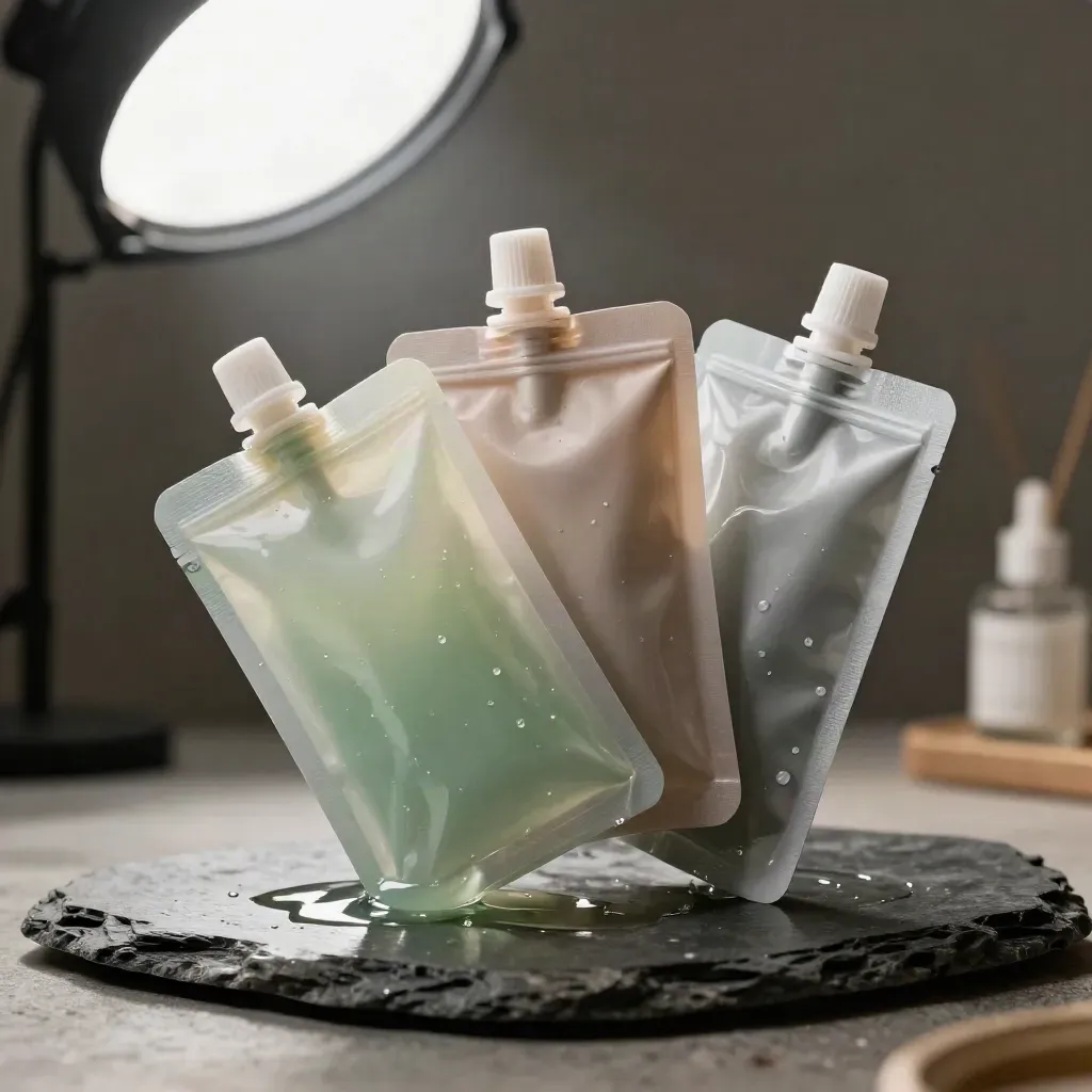 Three goo packs fan open beside translucent beads on reflective stone in a dark studio.