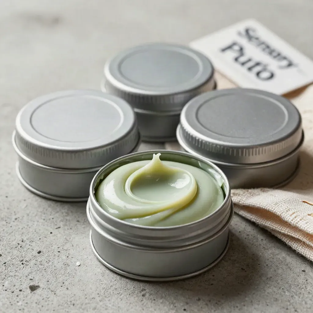 Macro of matte tins with soft green putty folds on brushed concrete beside a folded cloth.