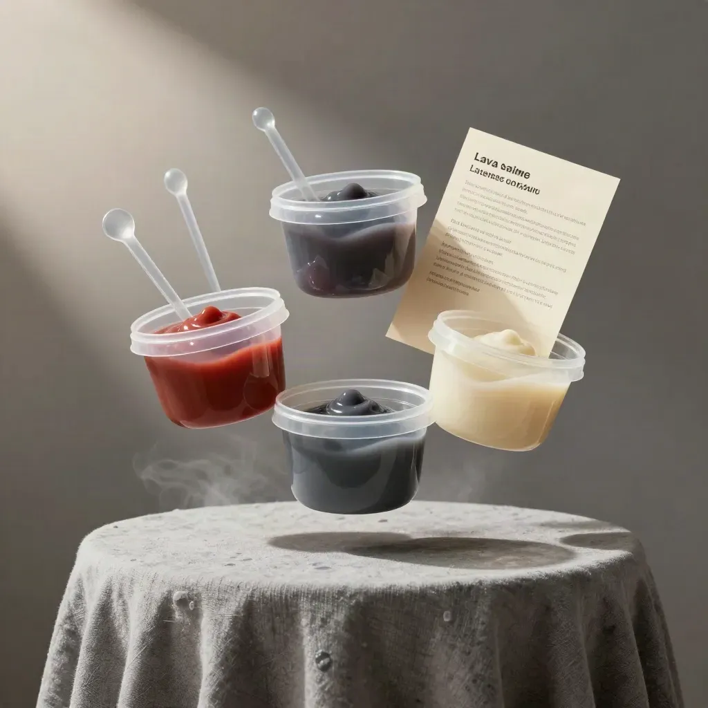 Floating slime lab kit with tubs, tools, and soft recipe card on ash-grey linen.