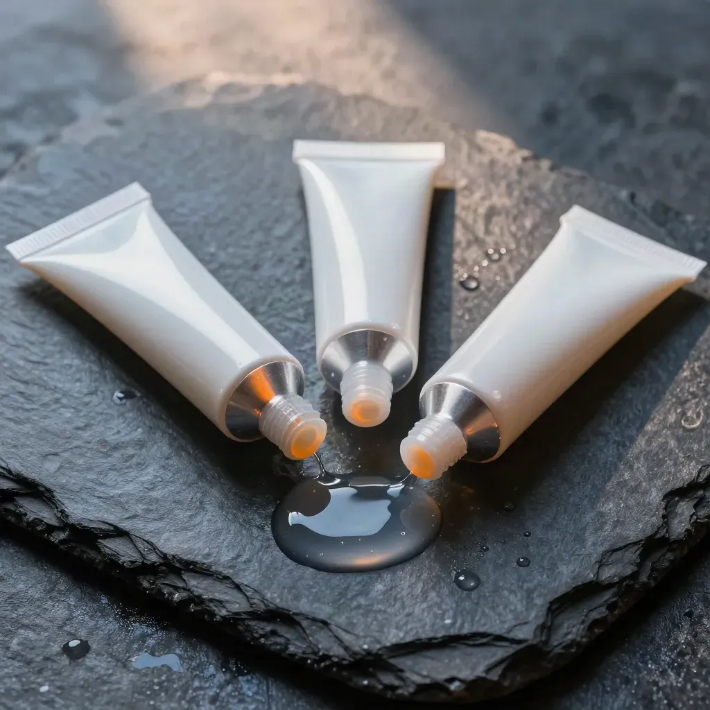 Three glow goo tubes, scoop, and droplets on wet slate with orange reflections.