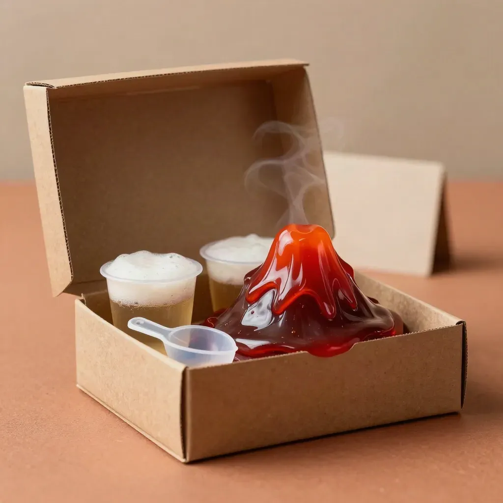 Open volcano slime kit with fizz cups and lava-colored slime on terracotta plaster.