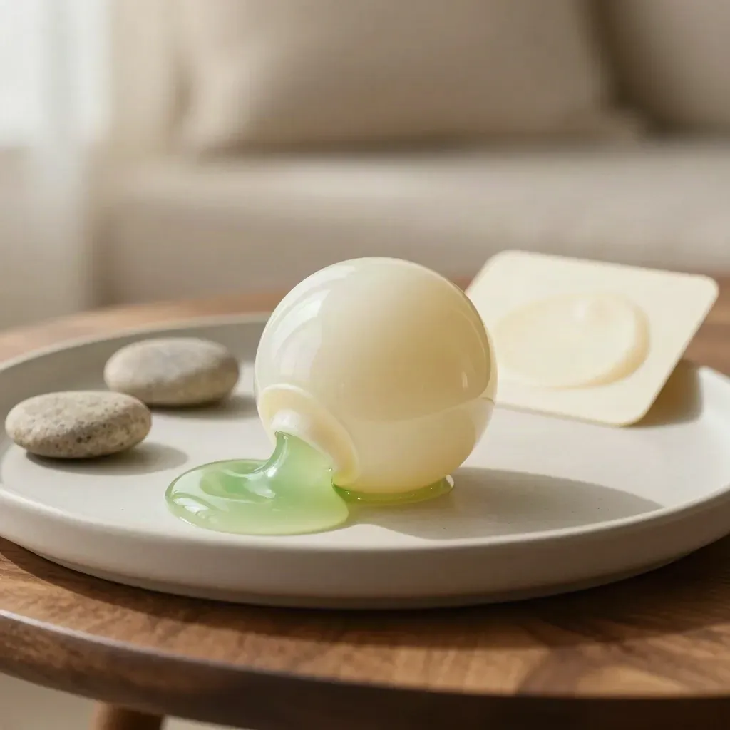 Glossy stretch gel squeeze ball in a shallow tray with pebbles on walnut wood.