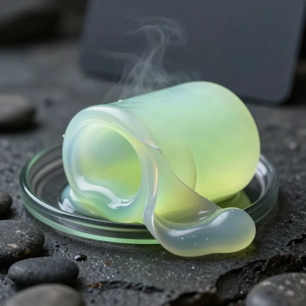 Luminous Night Glow Putty curling open beside smoked glass and dark pebbles on basalt.