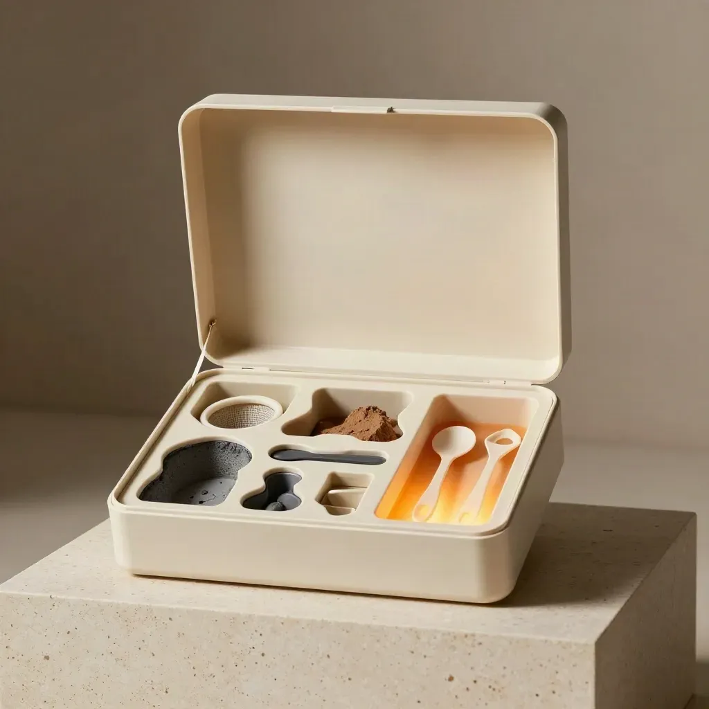 Open lava craft box with tidy compartments and tools on a travertine plinth.