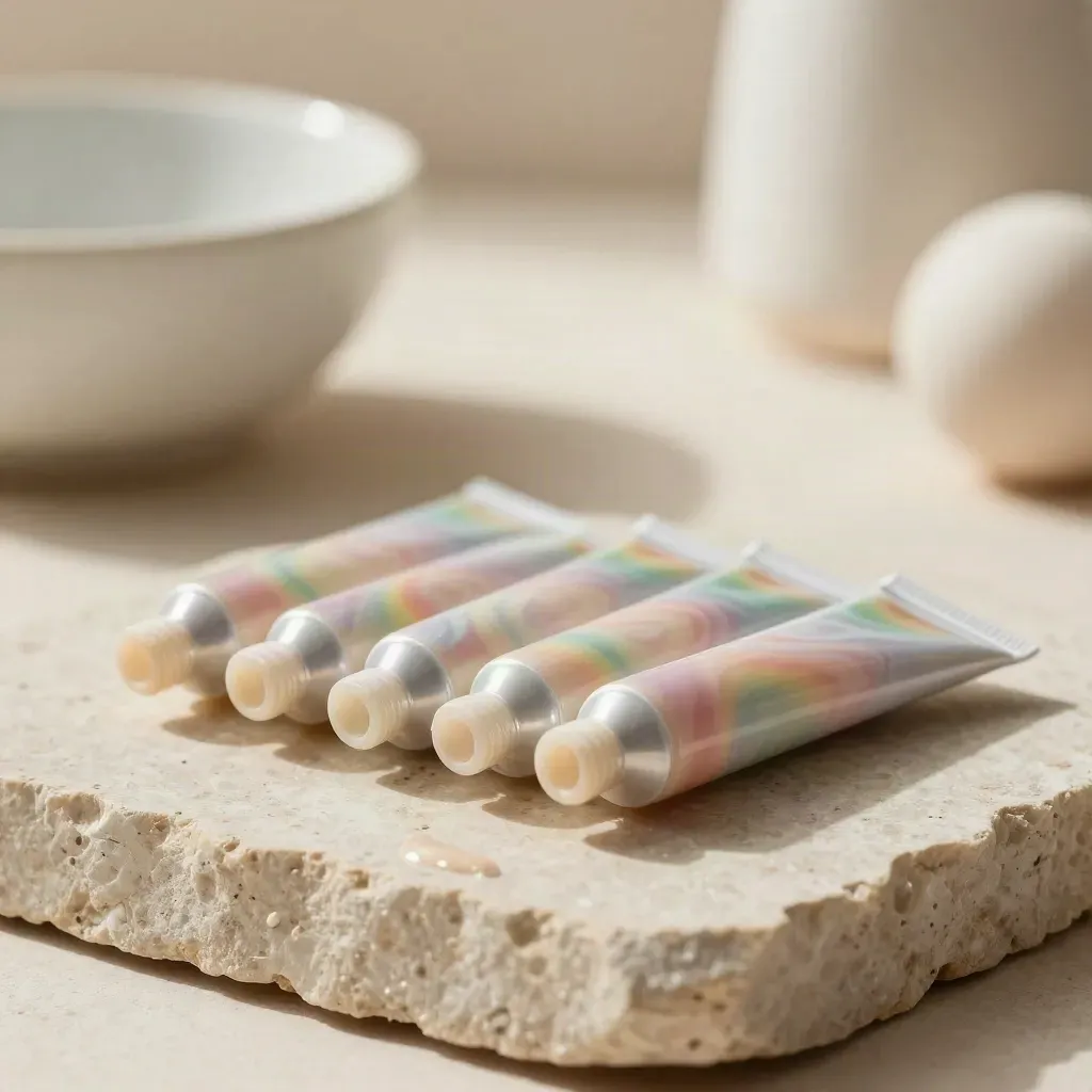 Four goo tubes arced on pale stone with a blurred ceramic bowl behind.
