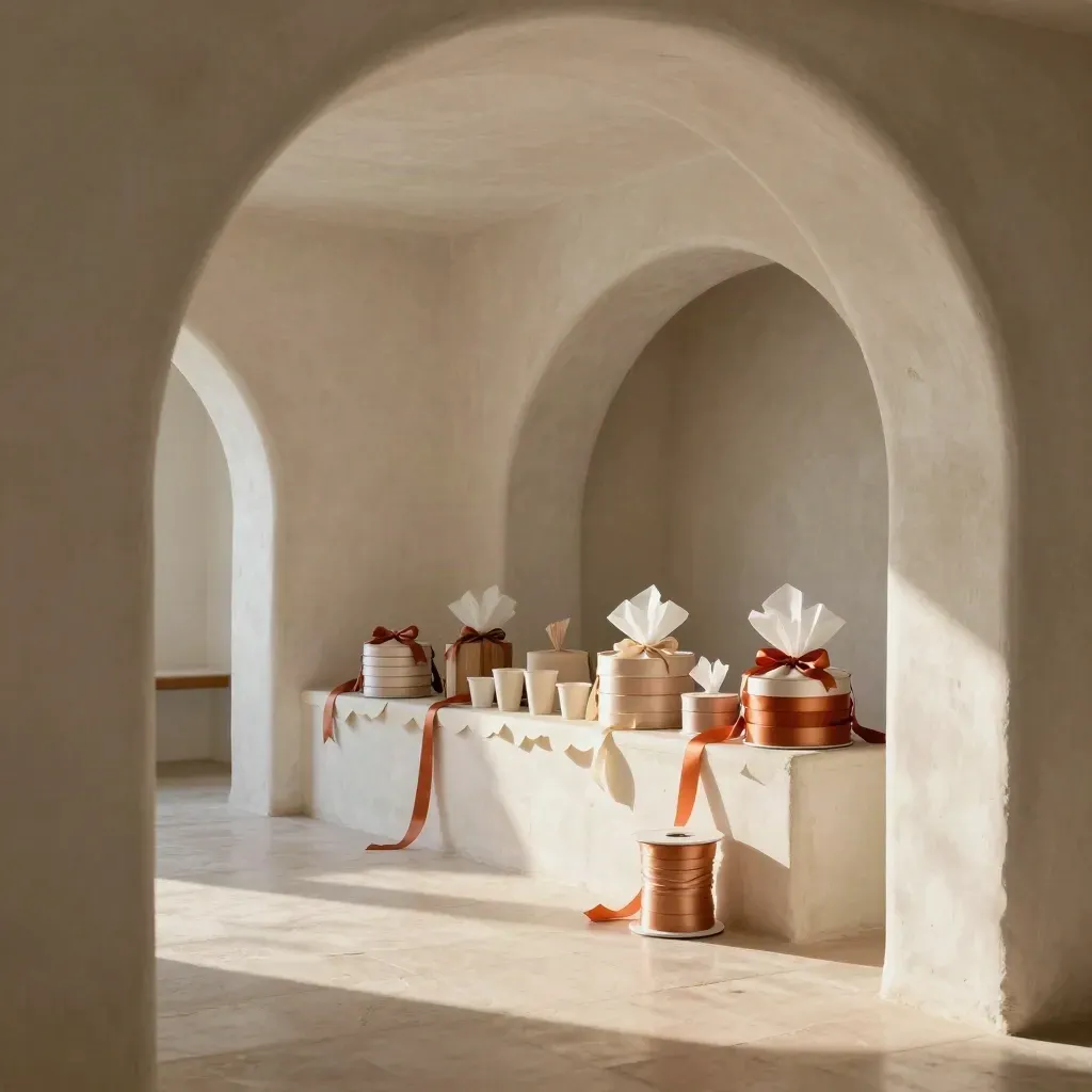 Sunlit plaster-arch party prep room with ribbons, garlands, and favor cups above calm open floor.