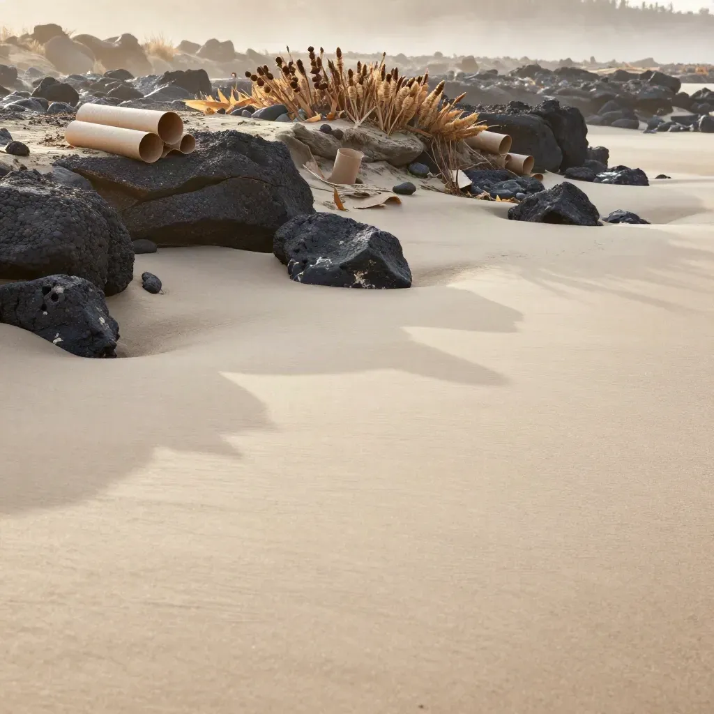 Sandy creek bed with lava stones, kraft paper rolls and seed pods on a misty dawn ridge.