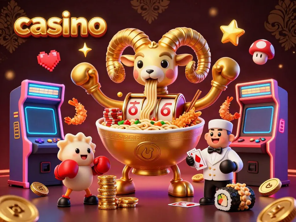 Exciting casino scene featuring a giant ramen bowl character dealing slot reels and jackpot chips.