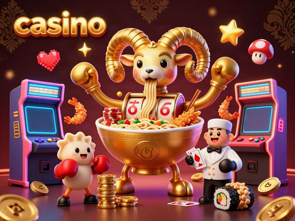 Exciting casino scene featuring a giant ramen bowl character dealing slot reels and jackpot chips.