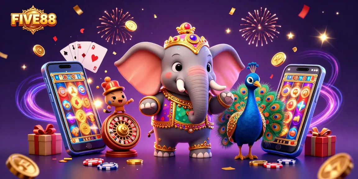 Engage with FIVE88 and win big at this vibrant casino-themed digital illustration.