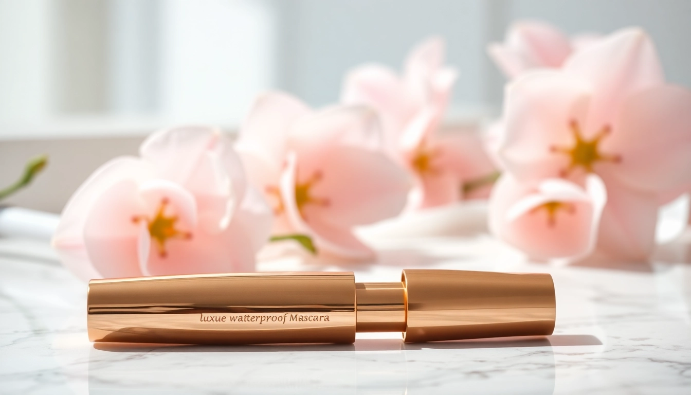 Apply luxe waterproof mascara from a stylish tube on a marble vanity, showcasing luxury and elegance.