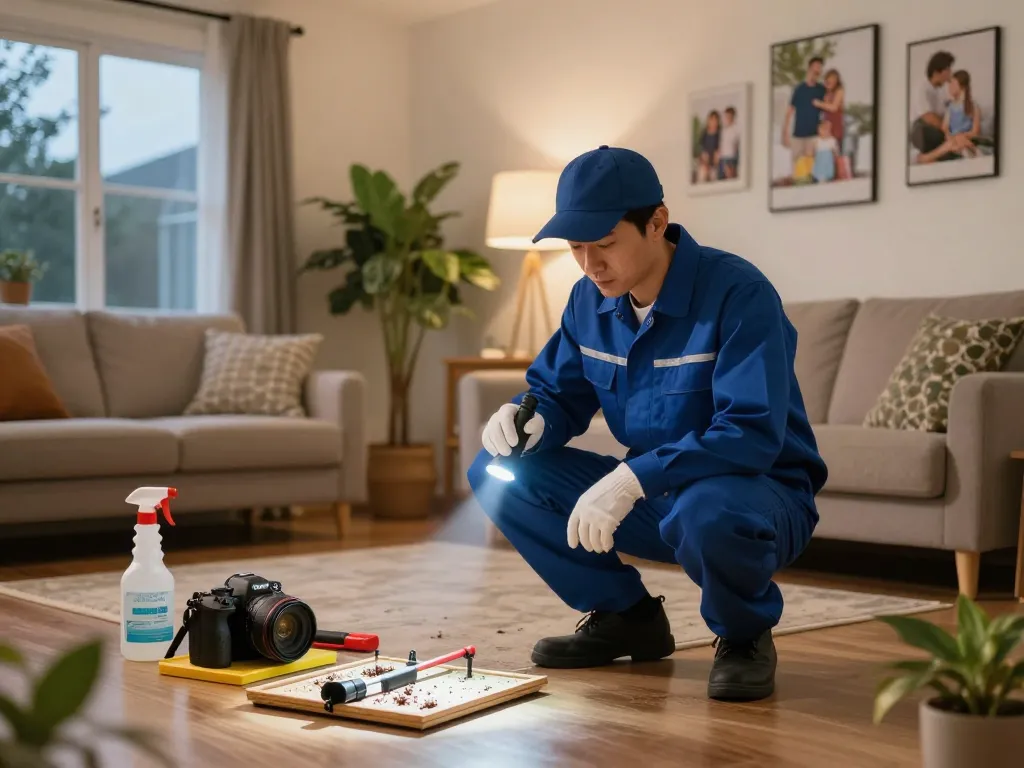 Pest control technician inspecting indoor plants for pests, emphasizing effective pest control services.