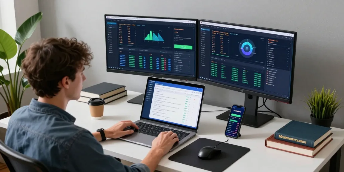 cloud mining company workspace with modern crypto technology including monitors, digital wallet apps, and mining statistics