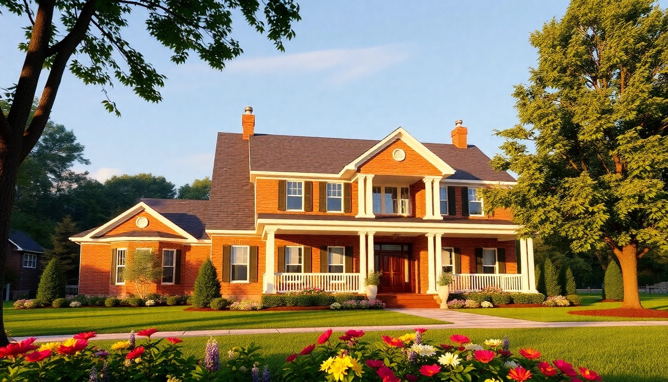 Showcase of a Sharon Custom Colonial New Build with elegant facade and vibrant landscaping.