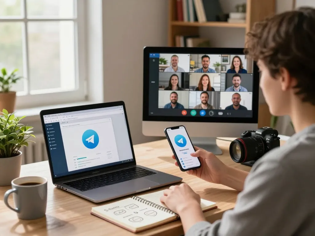 telegram 下载 displayed on a laptop in a modern home office setting with a user engaged in a video call.