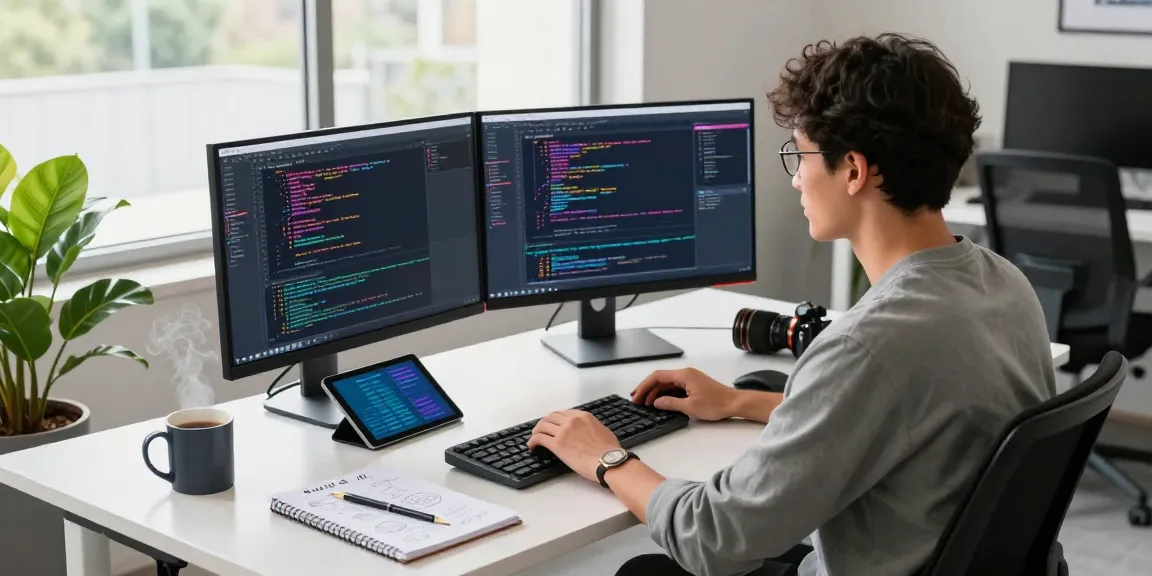 Workspace of a software developer focusing on 纸飞机中文版, with high-tech equipment and coding interfaces in a modern office.