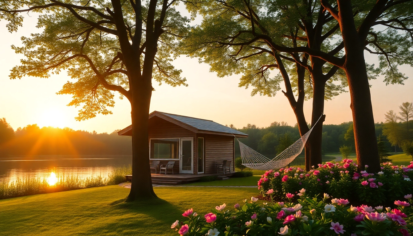 Wellness retreat in a tranquil setting featuring a cozy cabin surrounded by nature and a soothing atmosphere.