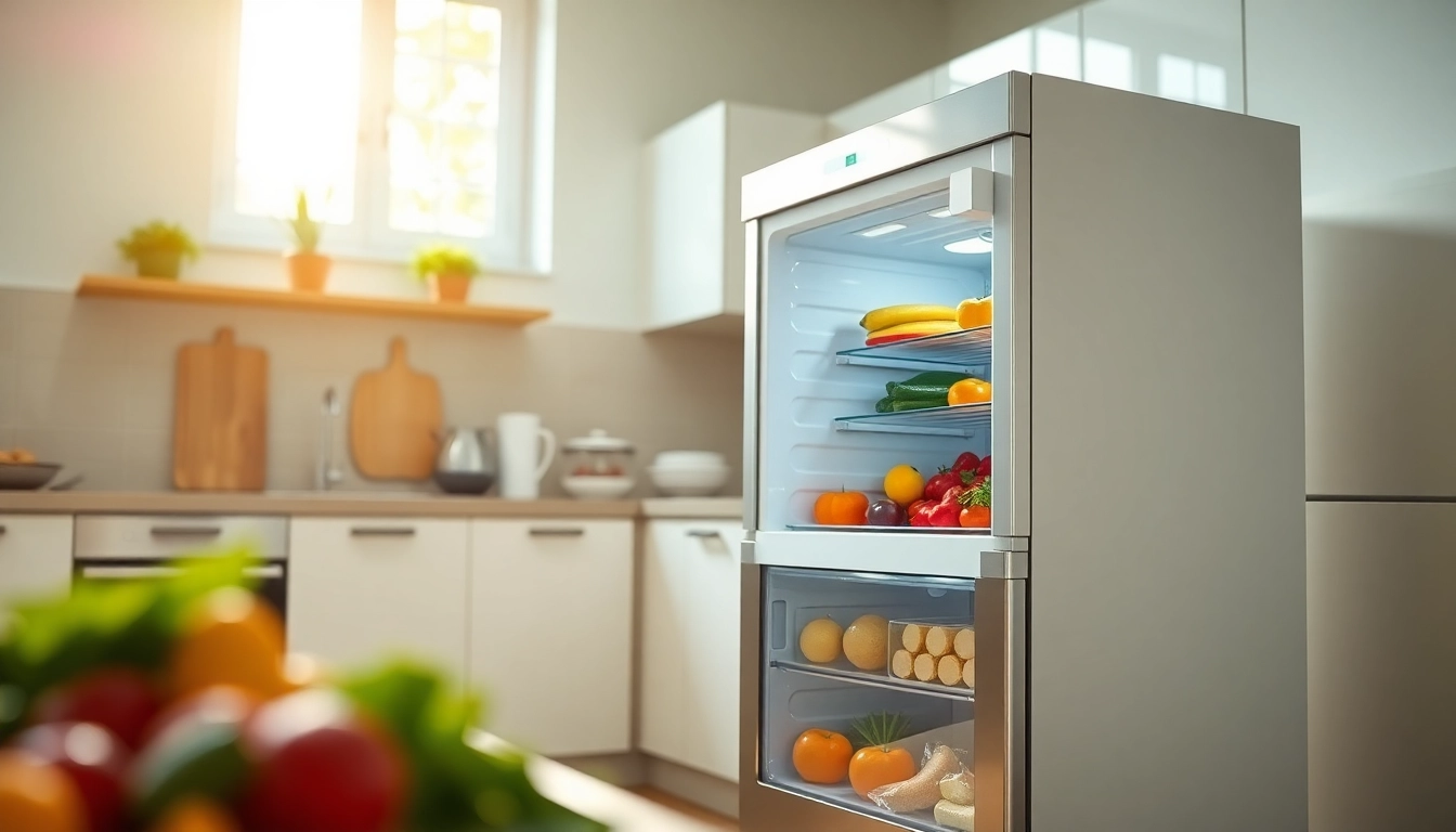 Modern freezer filled with fresh produce in a bright kitchen setting.