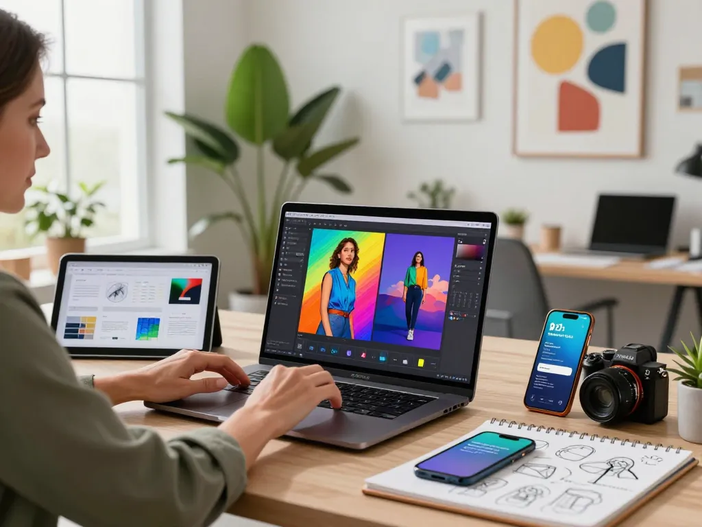 Creative professional using the Nano Banana 2 AI editor in a modern workspace, highlighting technology and artistic innovation.
