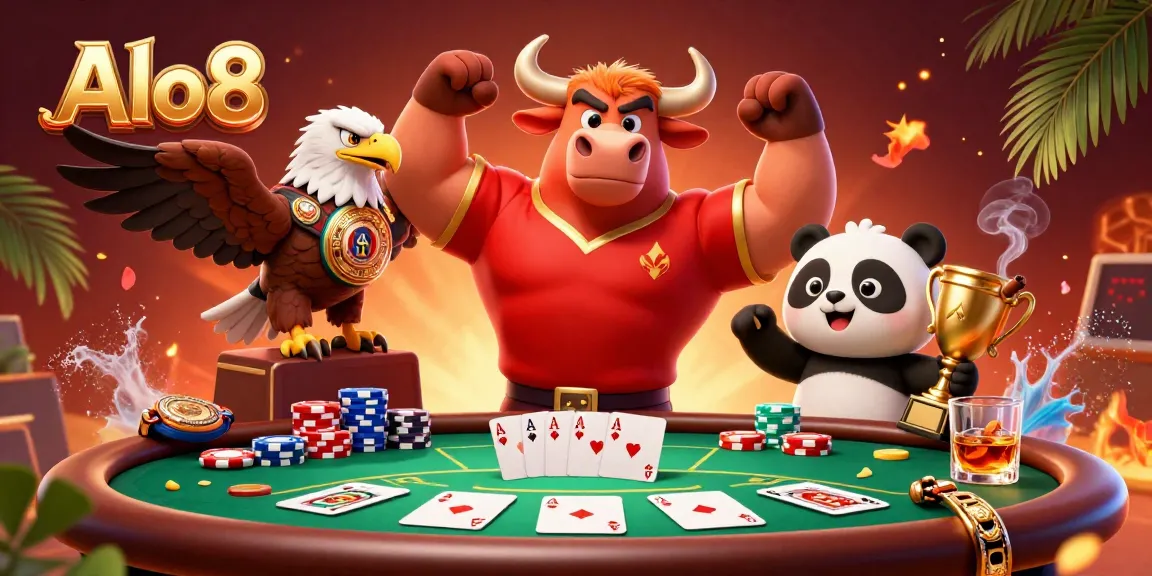 Alo8 captures a festive online casino scene with characters celebrating at a vibrant poker table.