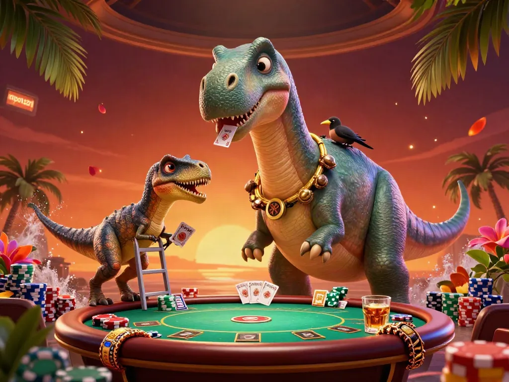 Experience the dynamic gaming scene with mpo1221 as characters engage in vibrant poker play amid colorful casino elements.