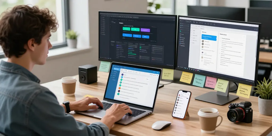 Focused workspace with Telegram中文 interface on laptop and smartphone notifications, showcasing tech productivity