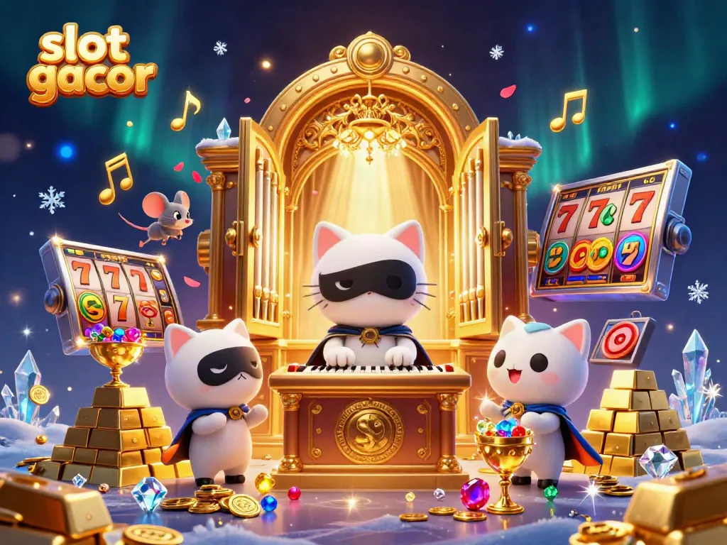 Engage with slot gacor strategies in a vibrant, rich 3D casino scene featuring animated characters and sparkling treasures.