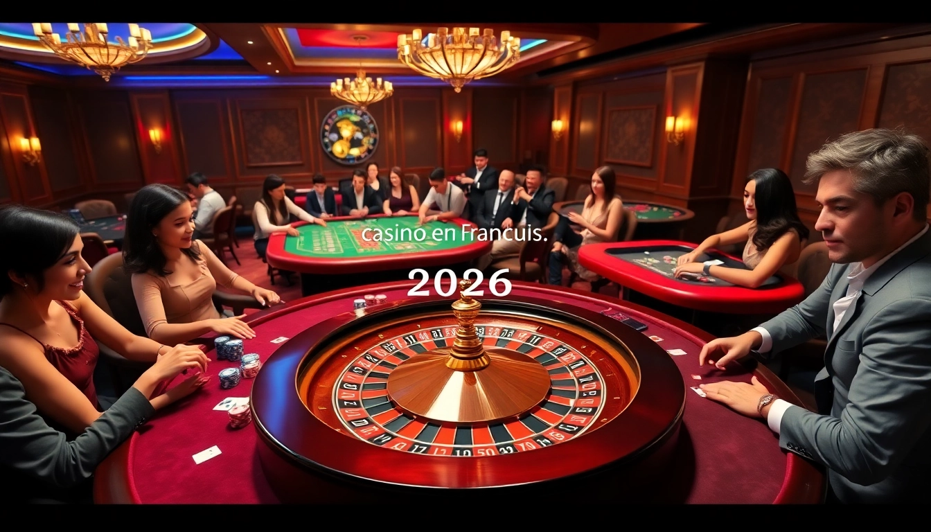 Scène de casino en ligne passionnante pour casino en ligne Français 2026 avec des joueurs engagés dans des jeux de cartes et de roulette.