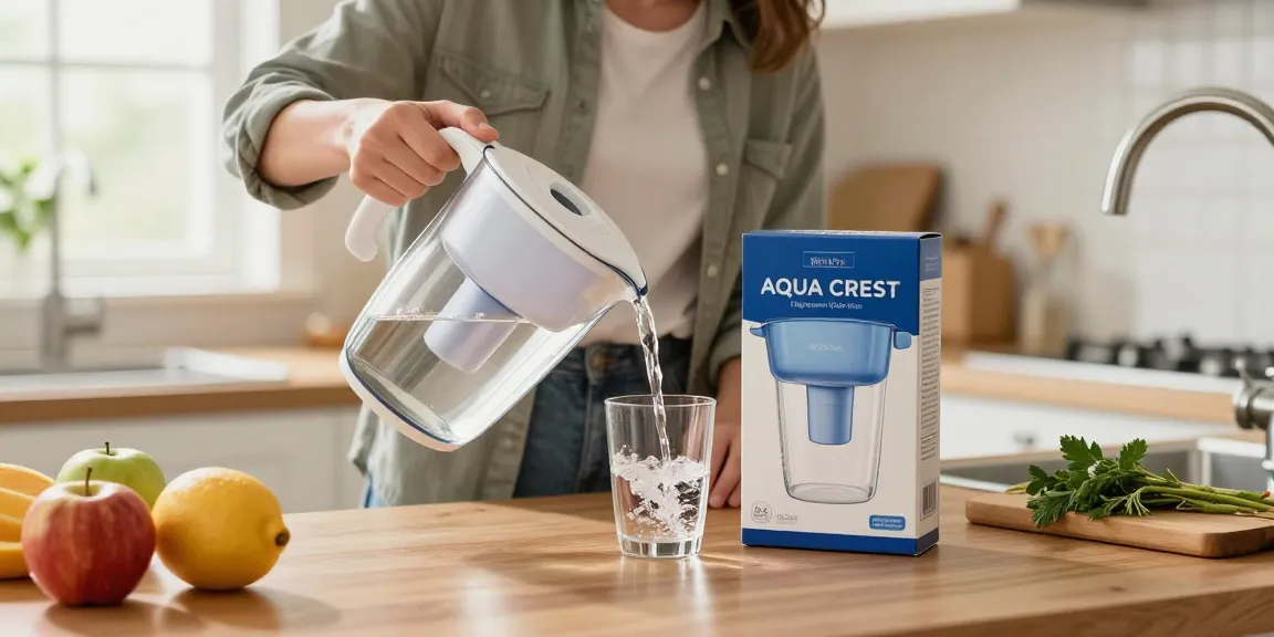 AQUA CREST Magnesium Water Filter in a cozy kitchen setting, highlighting healthy hydration.
