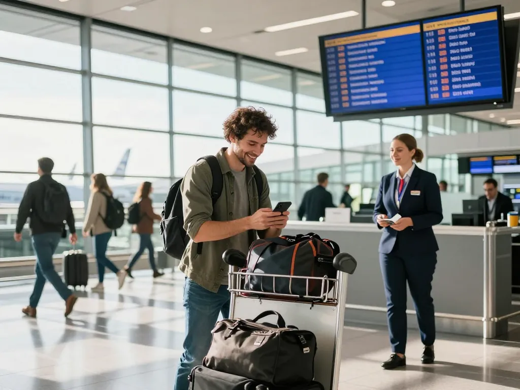 Traveler checking details for London City Airport from Halifa amid modern airport activity and bright sunlight.