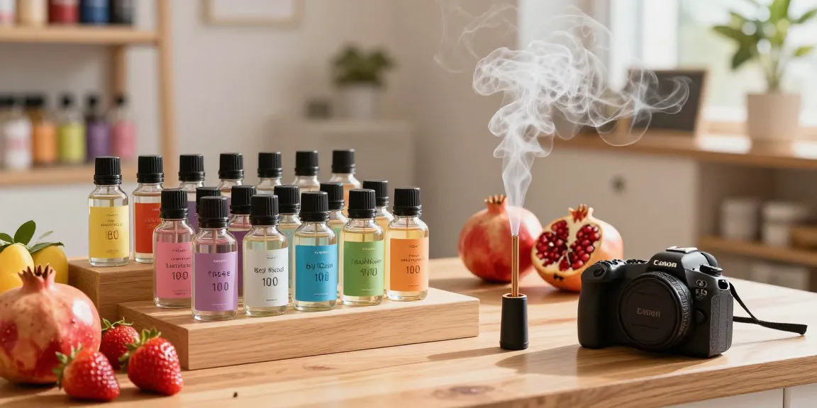 Buy Brain Freeze Liquid Incense displayed attractively with fresh fruits in a vibrant retail setting.