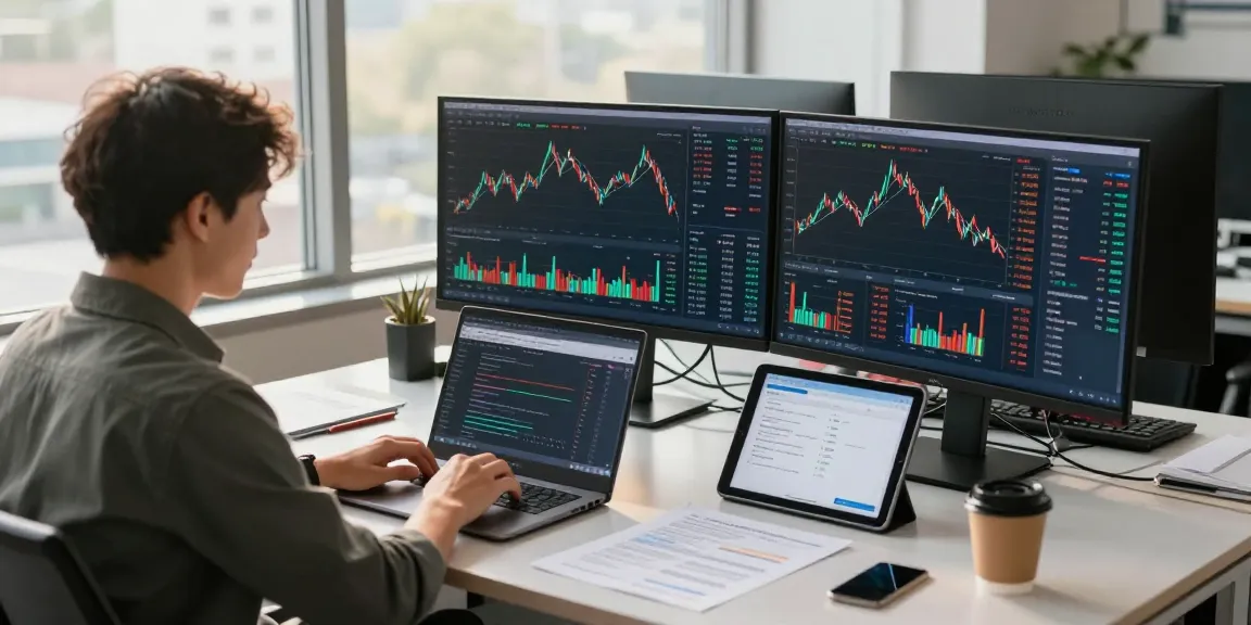 开发人员在现代办公室中使用指数实时推送WebSocket监控金融数据，桌上有金融报表和API文档，营造出高效的工作氛围。