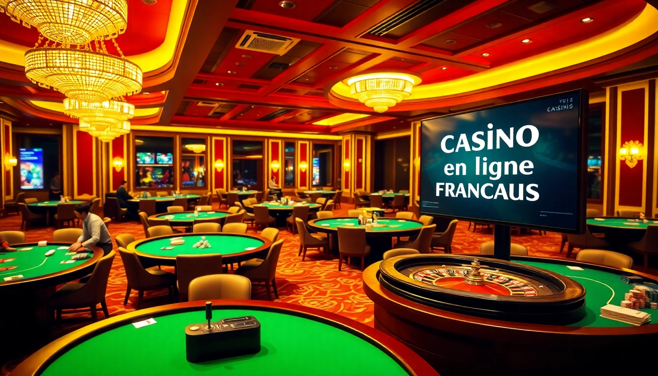 Une scène dynamique de joueurs dans un "casino en ligne français," capturant l'excitation aux tables de jeu avec des cartes et des jetons.