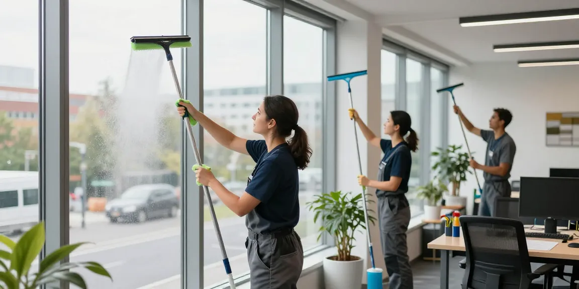 Gebäudereinigungsfirma Dortmund bei der professionellen Fensterreinigung in einem modernen Büro.