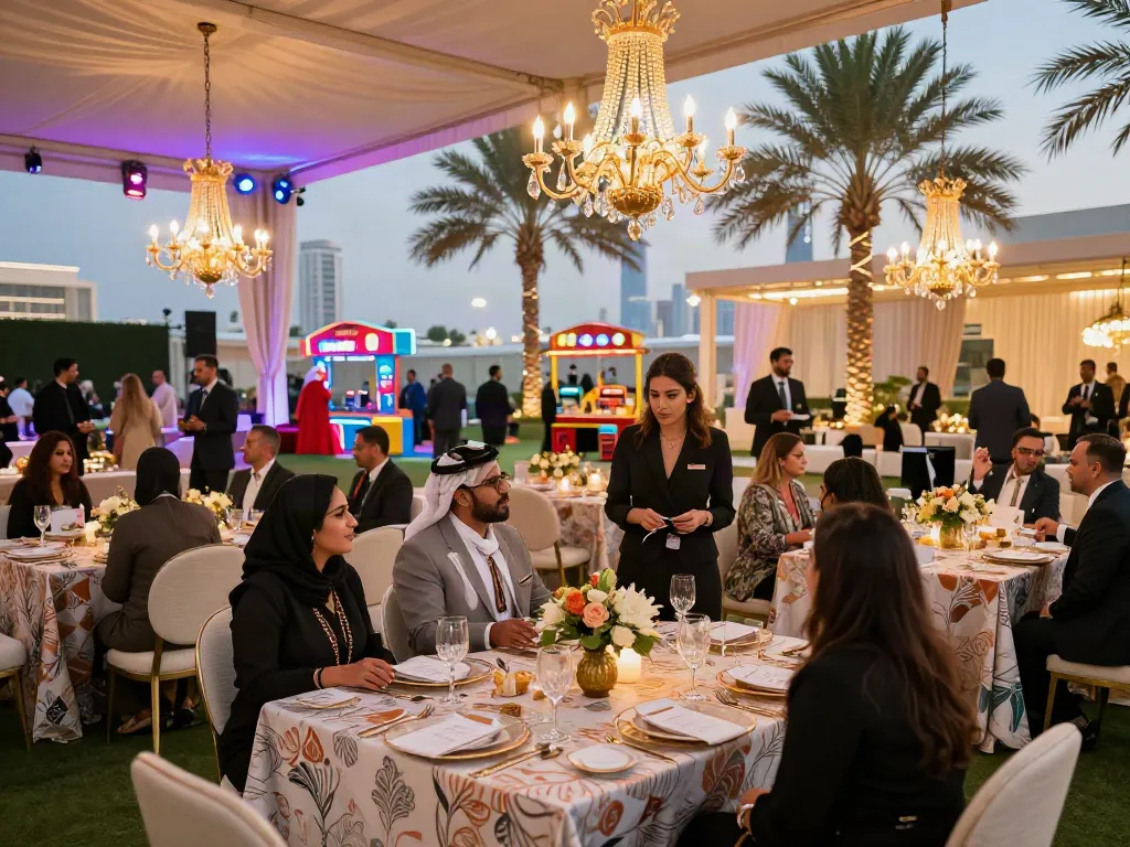 Event rentals at a luxurious gala in Riyadh featuring elegant décor and lighting.