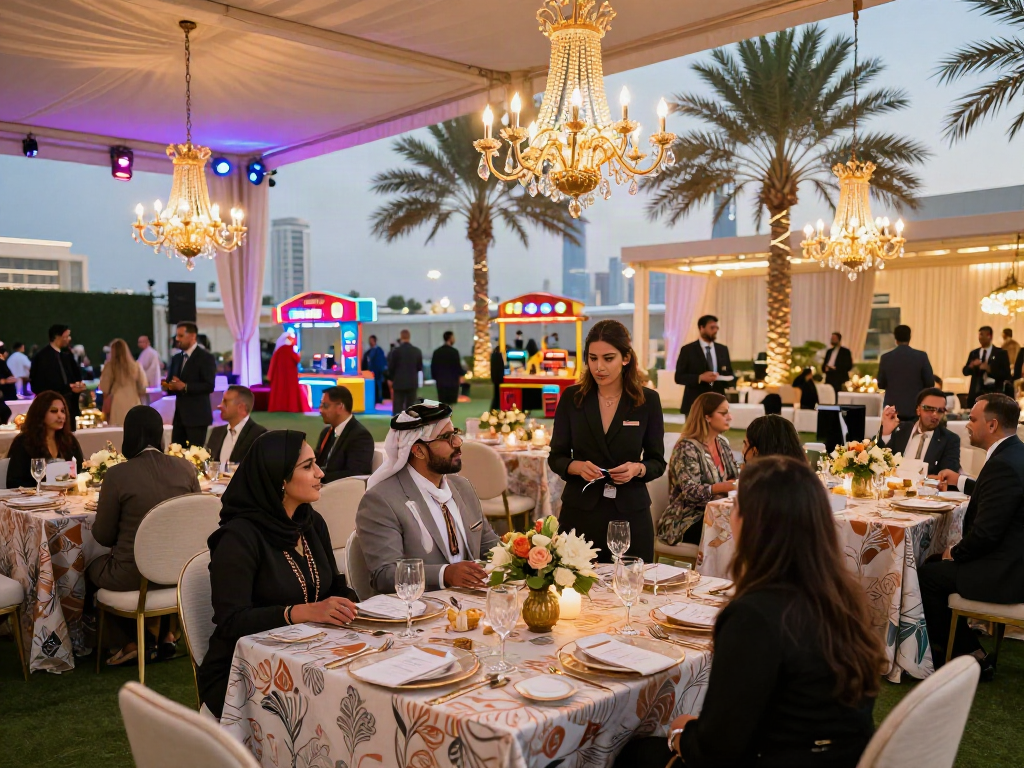 Event rentals at a luxurious gala in Riyadh featuring elegant décor and lighting.
