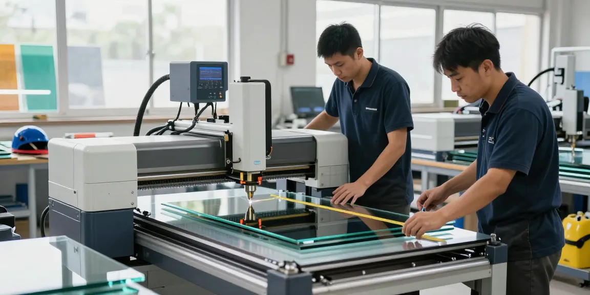 Technicians using cutting machine glass in a modern glass processing workshop with advanced equipment.