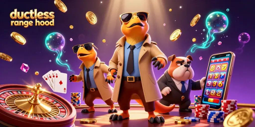 Dive into the excitement of a ductless range hood adventure as three raptors try to sneak into a VIP casino lounge surrounded by vibrant gaming elements.