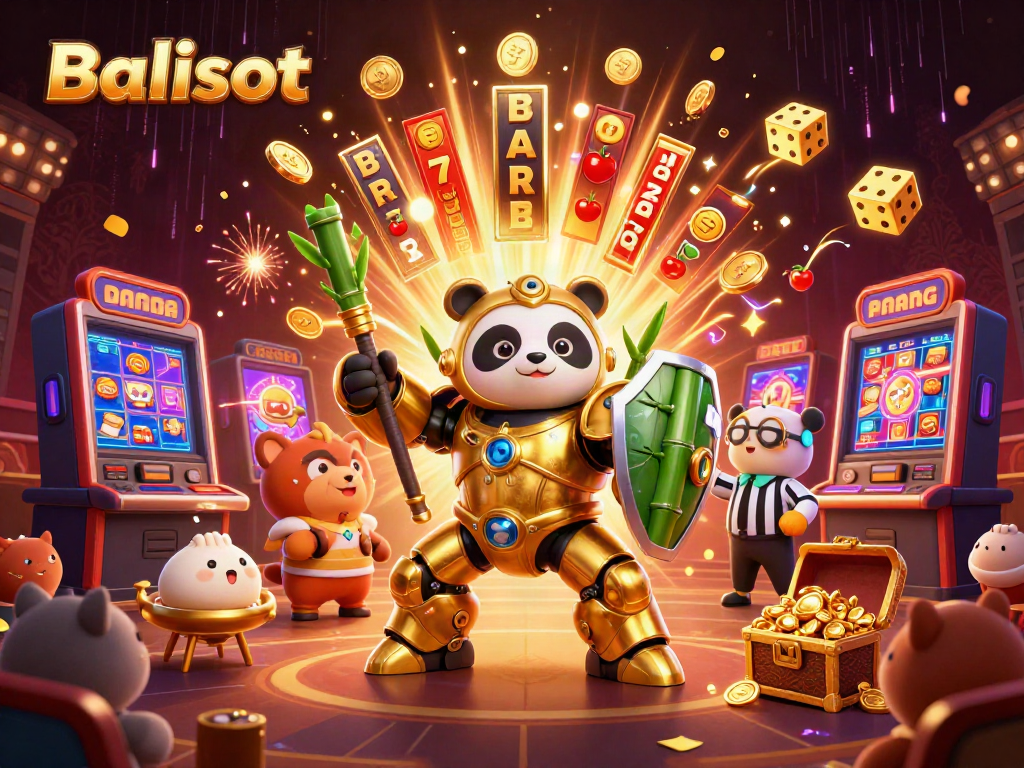 Balislot showcases a thrilling scene with a golden panda mech-suit and dynamic elements of casino excitement.