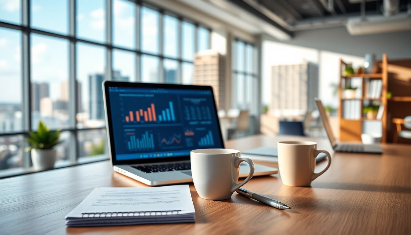 SEO Agency Clearwater office setup showcasing professional tools and a vibrant cityscape.