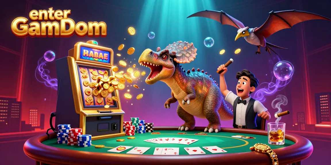 Witness a pachycephalosaurus entering GamDom while headbutting a golden slot machine for jackpot coins, amidst a vibrant casino atmosphere.