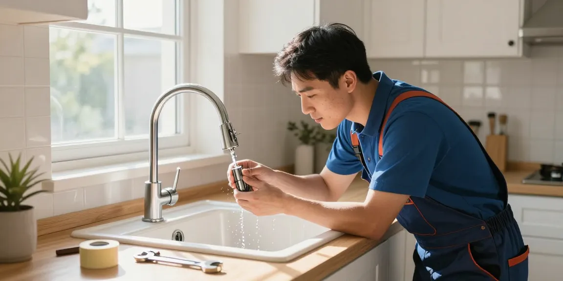 This page showcases a plumber repairing a faucet in a modern kitchen, highlighting effective emergency plumbing services.
