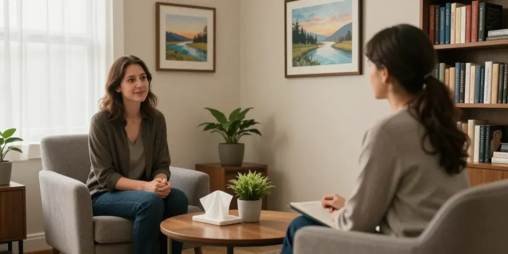 Anxiety and depression therapist Murfreesboro TN in a warm office setting supporting client well-being.