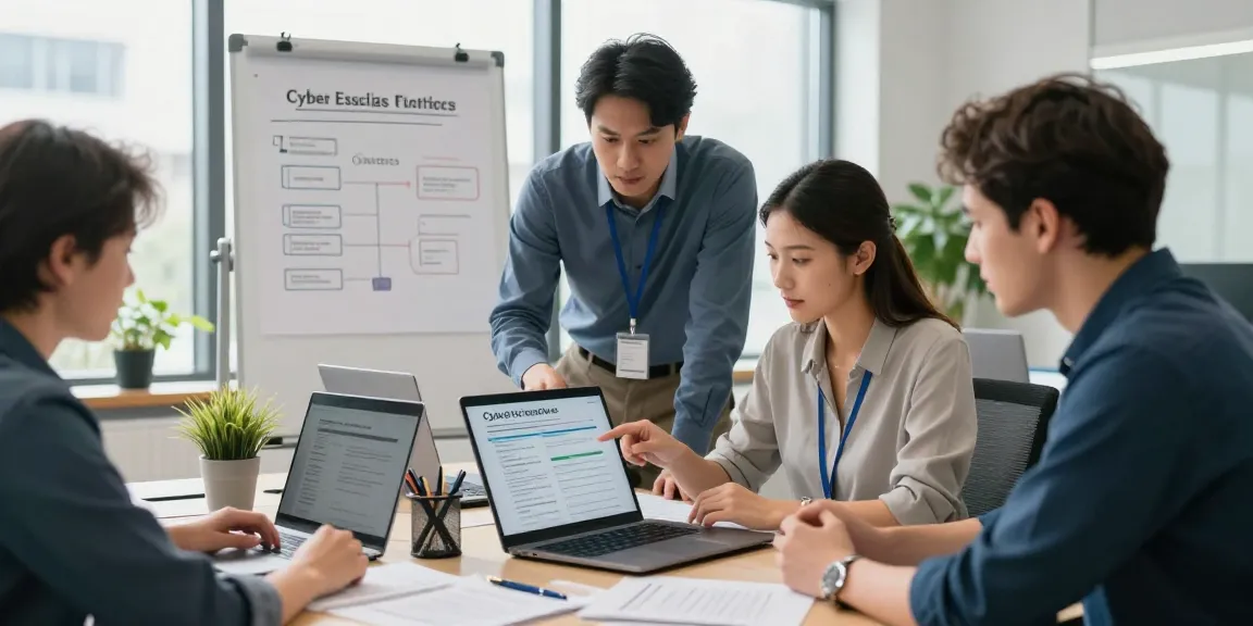 Cyber essentials questionnaire review by a cybersecurity team in a modern office, showcasing collaboration and compliance strategies.