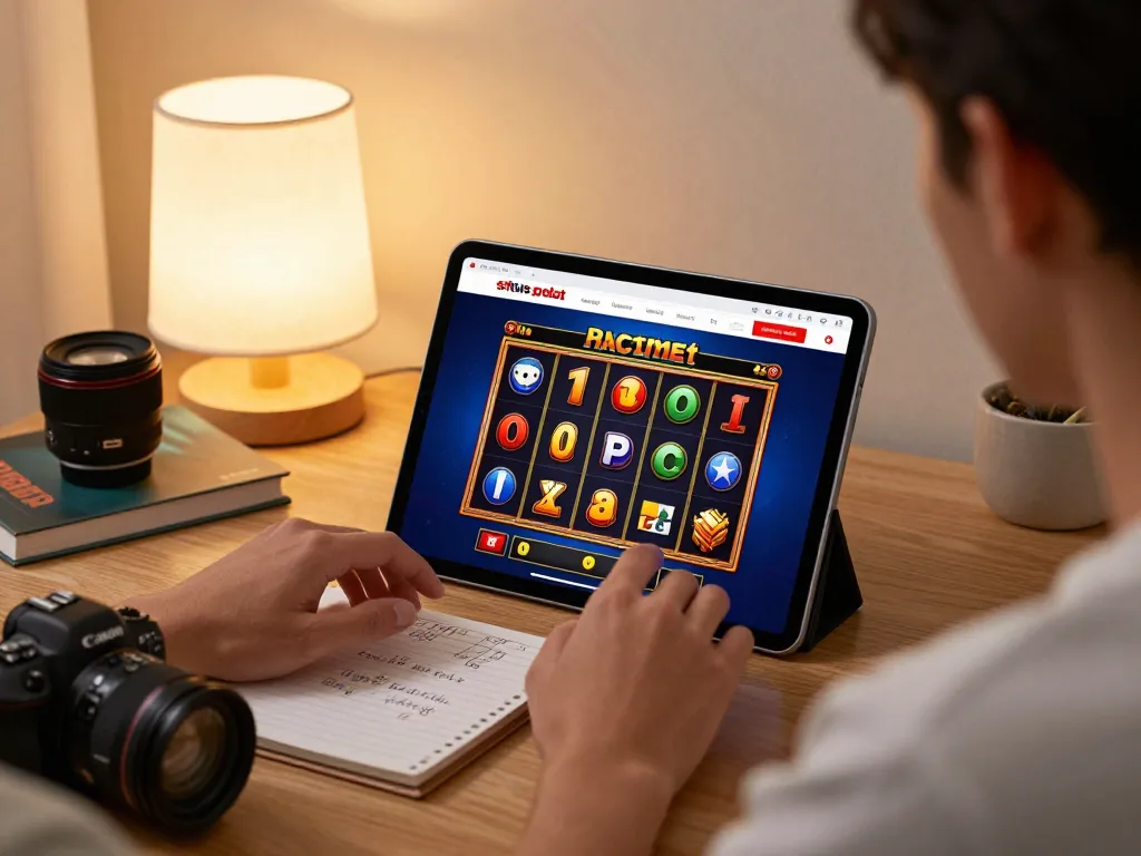 Engrossed in situs slot kamboja gameplay on a tablet, showcasing a vibrant online casino experience.