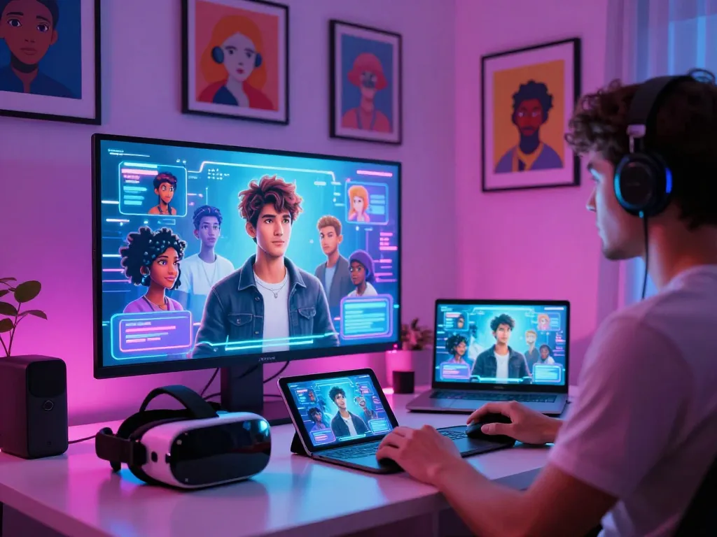 Interactive NSFW AI experience showcasing customizable characters in a modern home office.