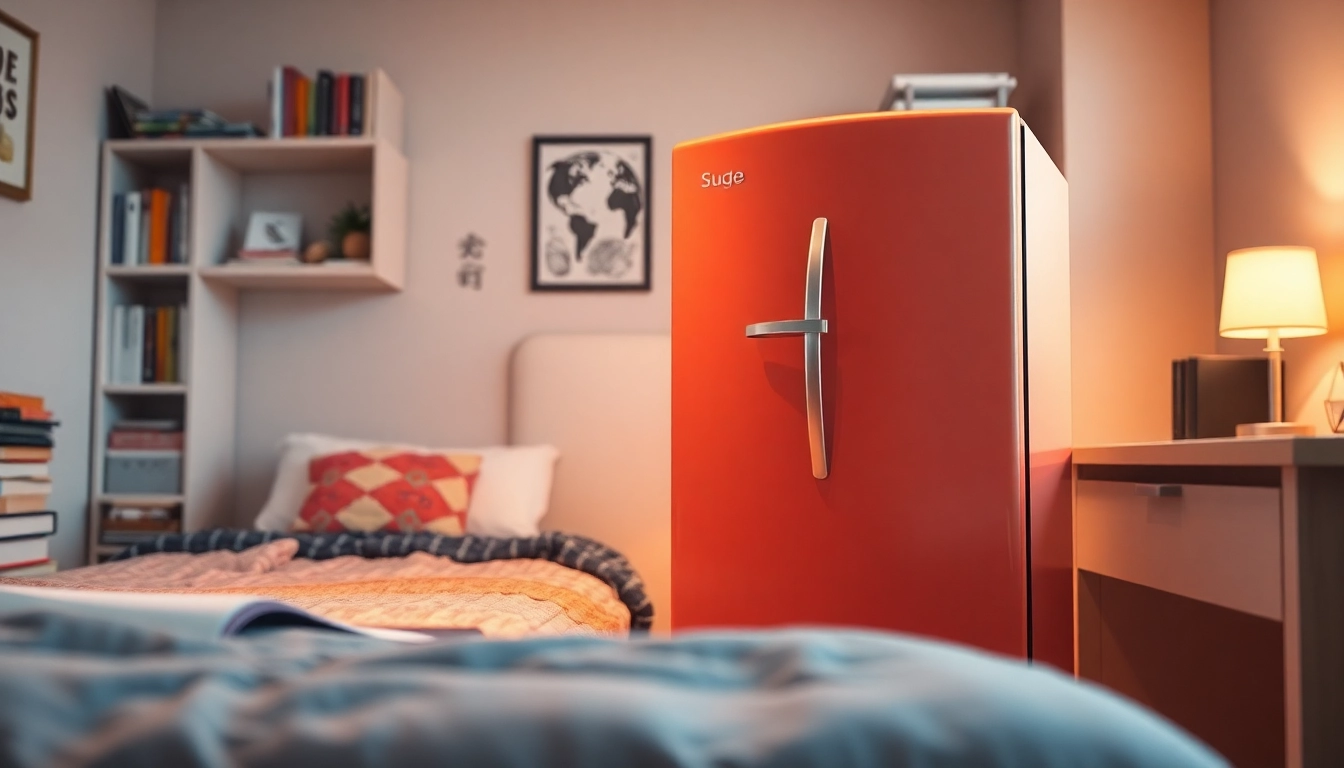 Organized dorm room fridge filled with snacks and drinks in a stylish college dorm.