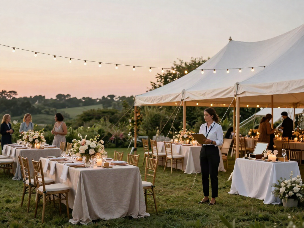 Event rentals setup showcasing an elegant outdoor gathering with tables, decorations, and professional planning.