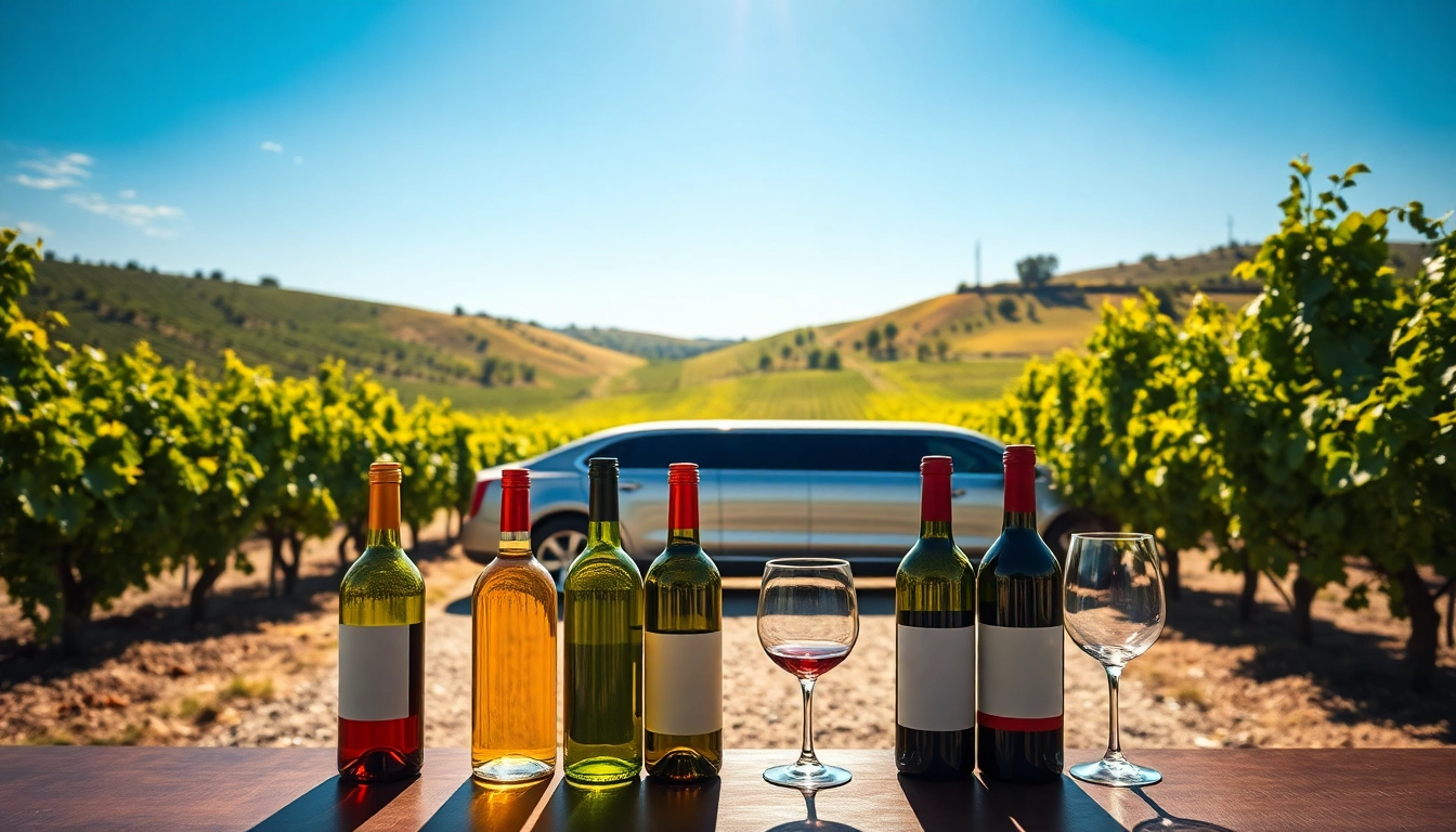 Limo wine tasting tours featuring a luxurious limousine surrounded by beautiful vineyards.