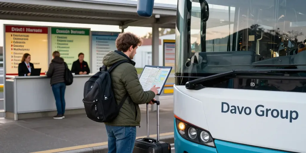 Transport Moldova Anglia cu Davo Group, călător pregătit cu bagaje la terminalul de autobuz.